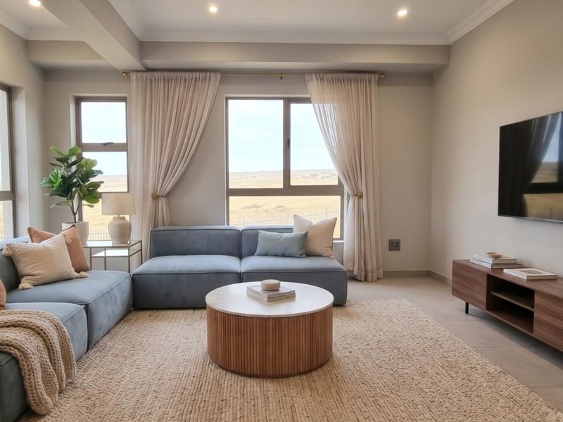 A bright and modern living room featuring large windows with natural light, neutral tiled flooring, and recessed downlighting, offering a clean and contemporary aesthetic.