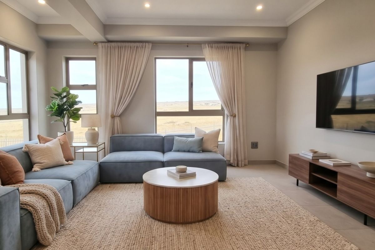 A bright and modern living room featuring large windows with natural light, neutral tiled flooring, and recessed downlighting, offering a clean and contemporary aesthetic.