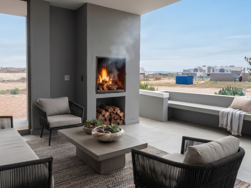 A modern covered patio featuring a built-in fireplace, integrated concrete bench seating, and expansive views of the surrounding landscape.