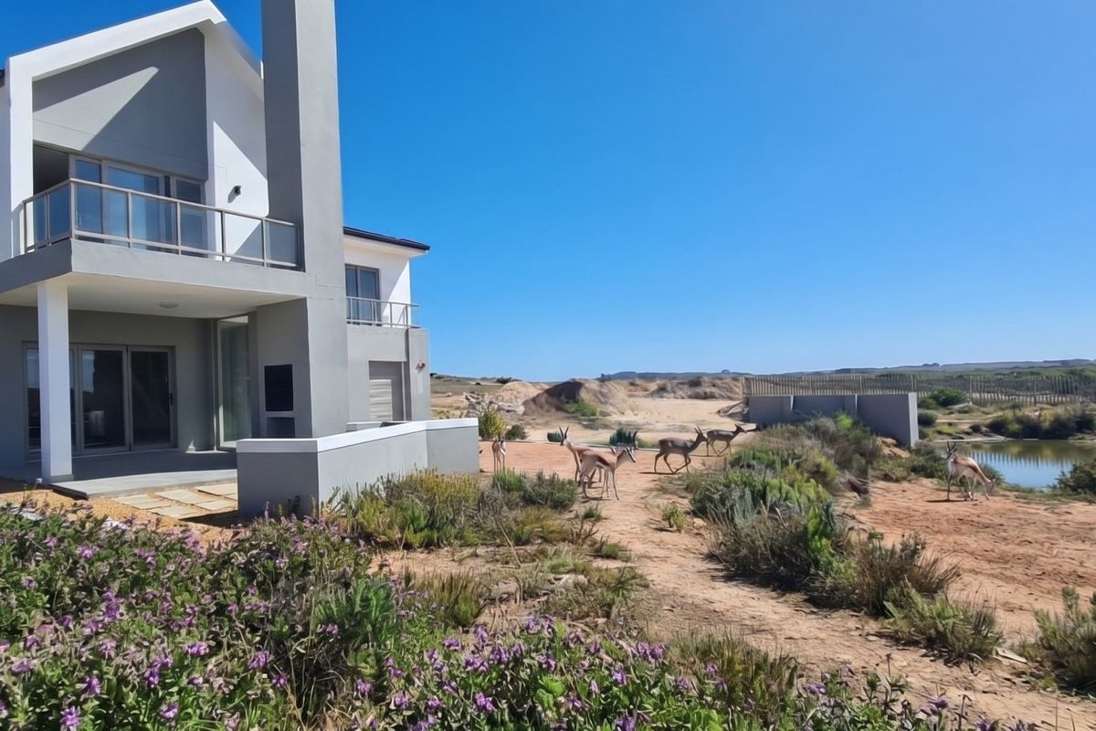 Modern double-story residence featuring a rear patio with built-in braai, overlooking a natural landscape with a small water feature.