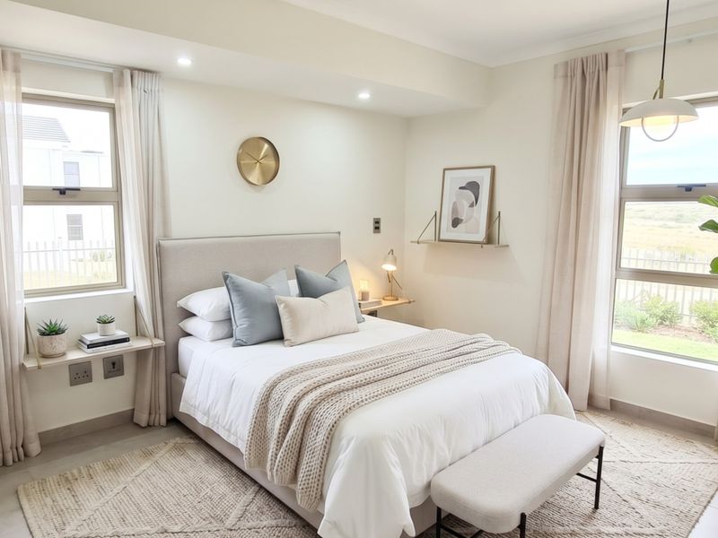 A bright and modern bedroom featuring neutral tones, recessed lighting, and large windows that provide ample natural light.