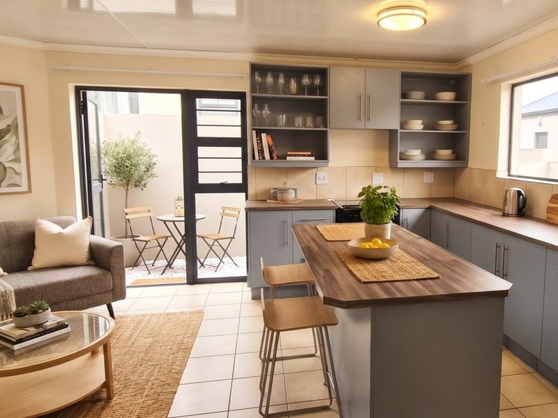 A bright open-plan kitchen and living area featuring modern grey cabinetry, a central island, tiled floors, and direct access to a private patio.