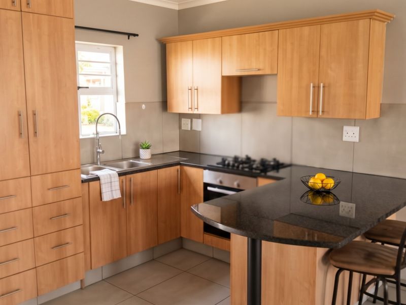 A functional kitchen featuring light wood cabinetry, granite countertops, a gas hob, built-in oven, and a convenient breakfast nook for casual dining.