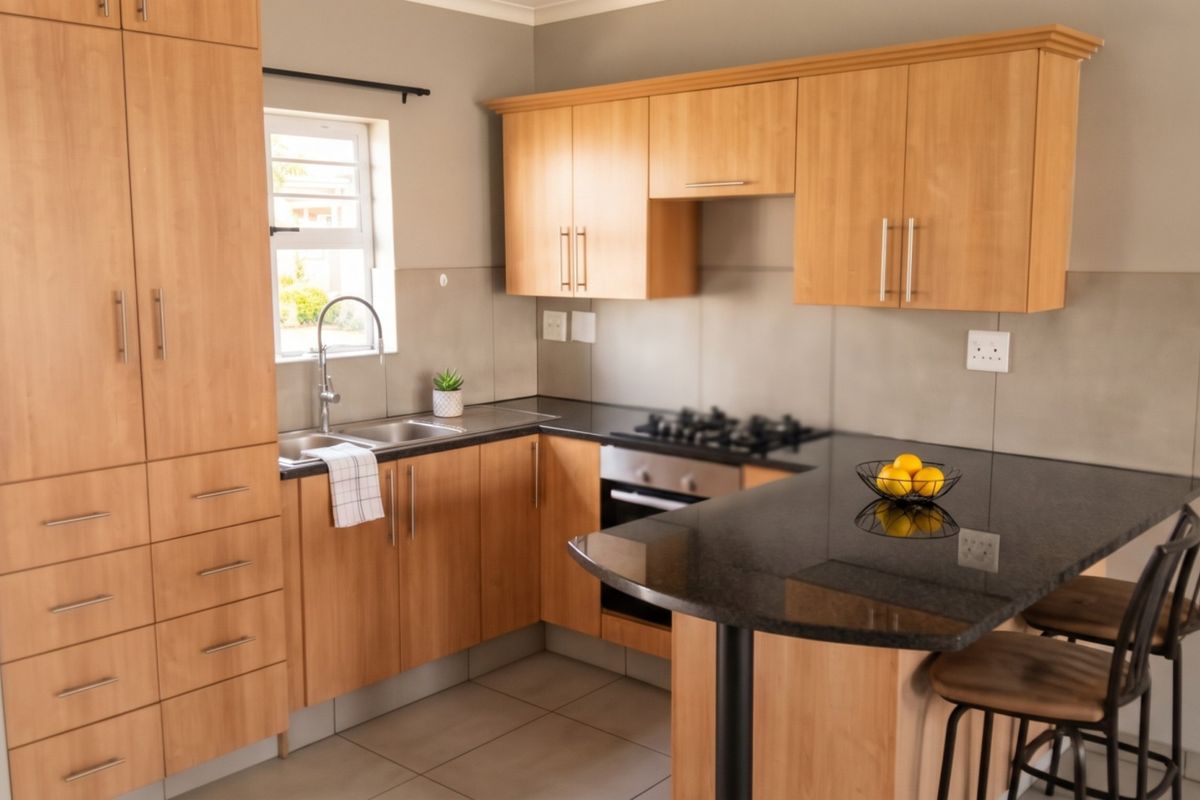 A functional kitchen featuring light wood cabinetry, granite countertops, a gas hob, built-in oven, and a convenient breakfast nook for casual dining.