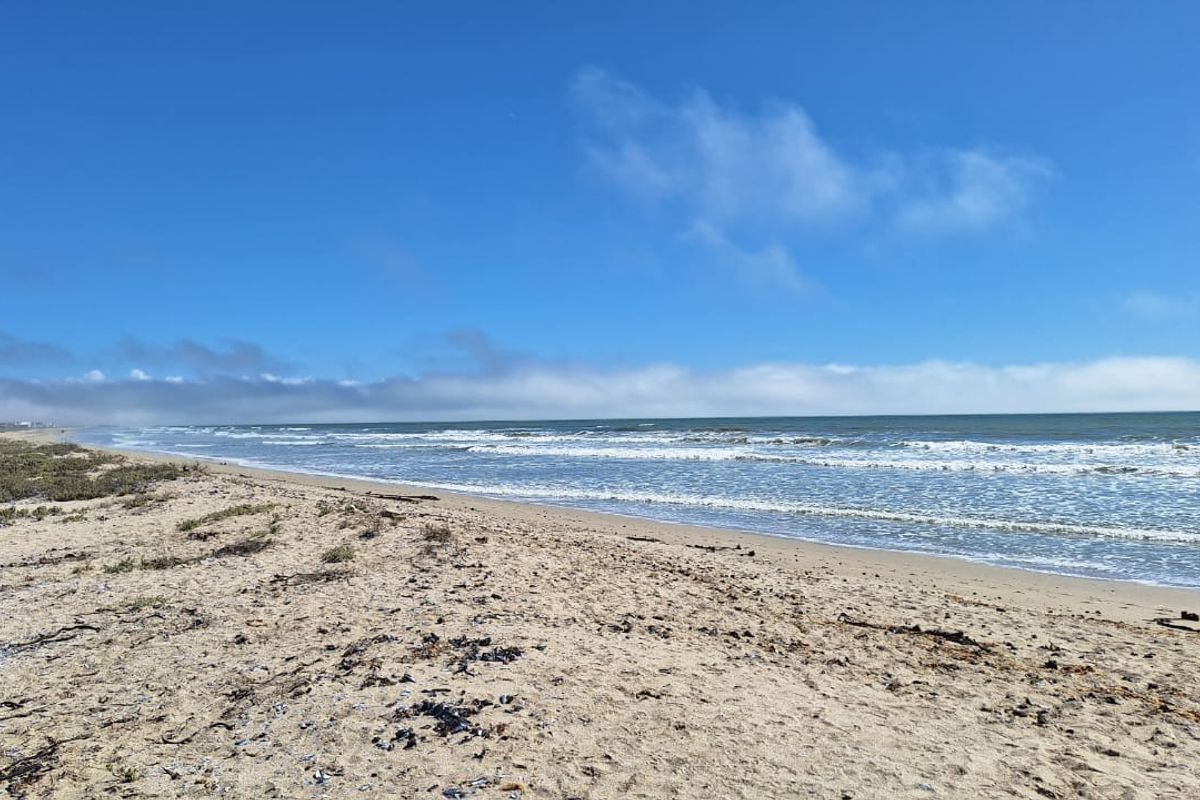 A scenic view of the sandy coastline and ocean waves, showcasing the natural landscape of the vacant residential property.