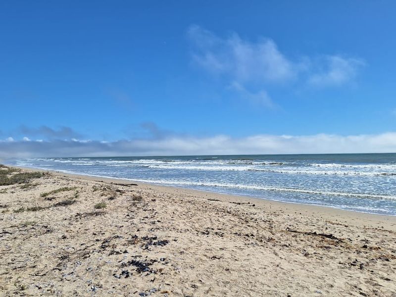 A scenic view of the sandy coastline and ocean waves, showcasing the natural landscape of the vacant residential property.