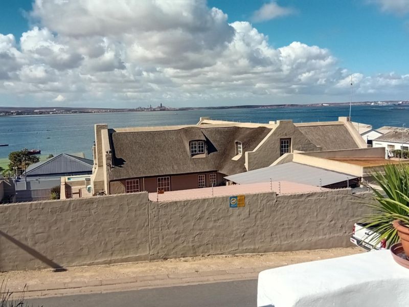 Elevated view overlooking a coastal property with a traditional thatched roof, enclosed by a perimeter wall with electric fencing.