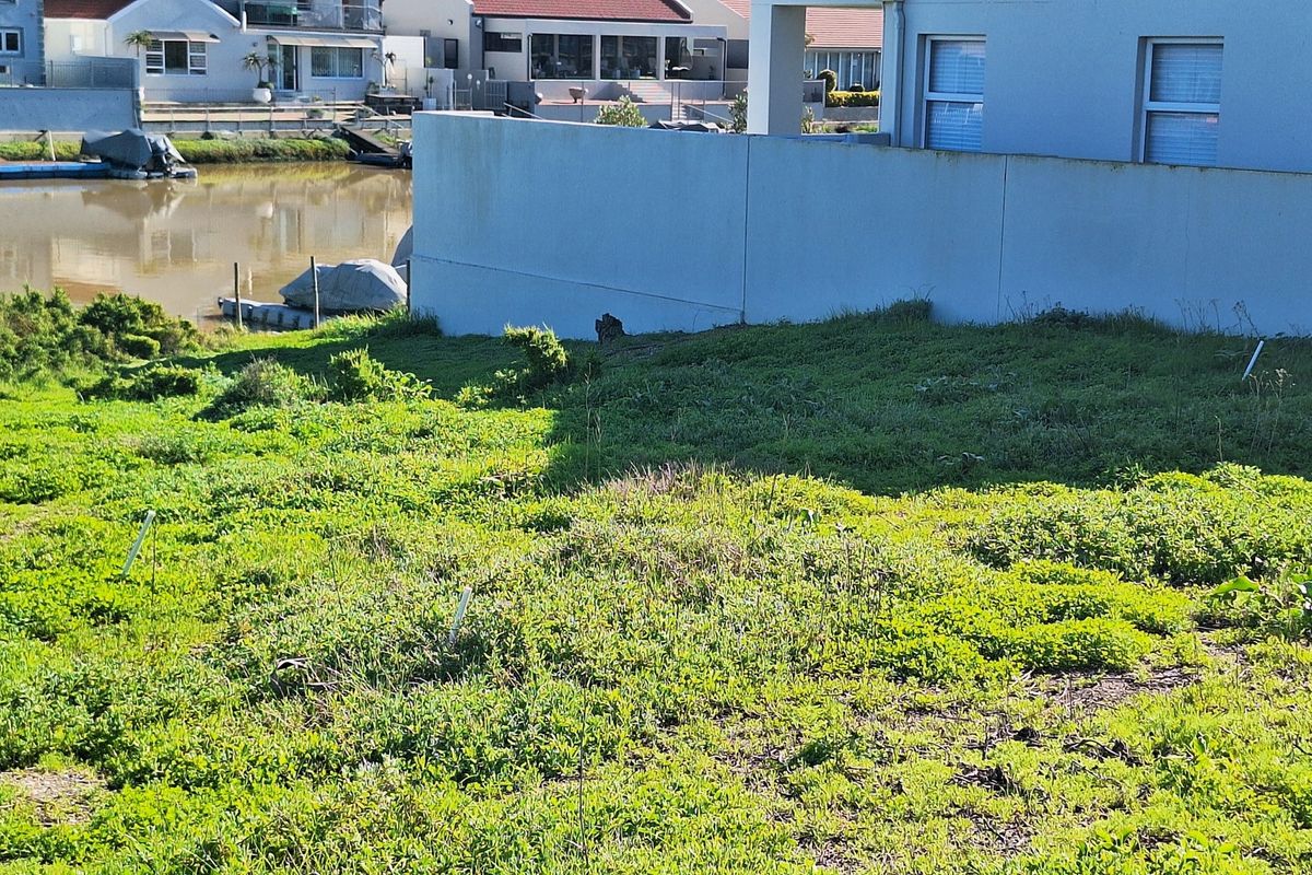 A vacant residential plot featuring a grassy slope, a concrete retaining wall, and direct access to the adjacent waterway.