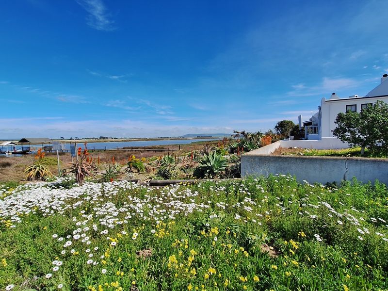 A scenic view of the waterfront from a landscaped garden, featuring a white residential structure and a retaining wall with visible surface cracking.