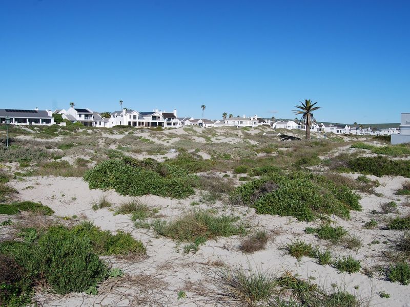 A scenic view of a coastal residential area featuring natural sand dunes and native vegetation in the foreground with houses in the background.