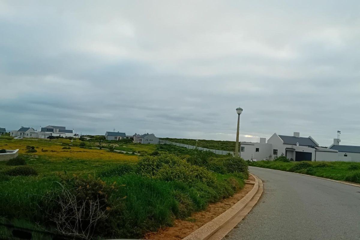 A view of a paved residential street in a coastal estate, featuring established street lighting and surrounding vacant land with nearby residential properties.
