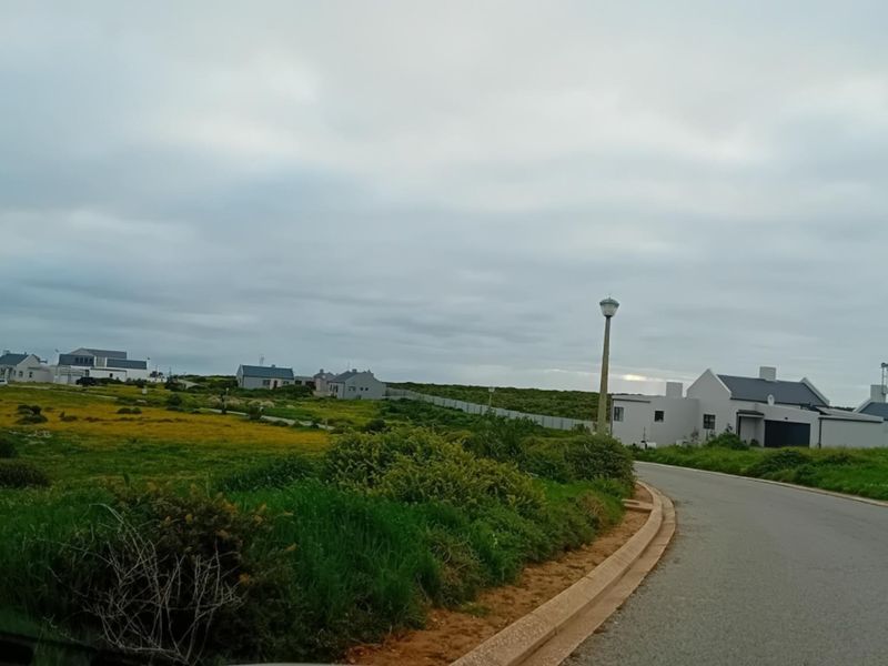 A view of a paved residential street in a coastal estate, featuring established street lighting and surrounding vacant land with nearby residential properties.