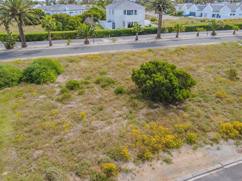 An aerial view of a vacant residential plot featuring natural vegetation, situated in a developed neighborhood with established road access.