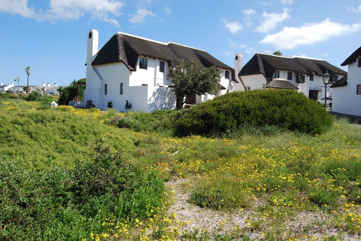 A view of the rear elevation of a residential property featuring traditional thatched roofing and white exterior walls, set within a natural landscape.