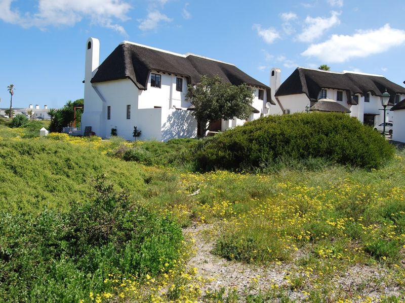 A view of the rear elevation of a residential property featuring traditional thatched roofing and white exterior walls, set within a natural landscape.