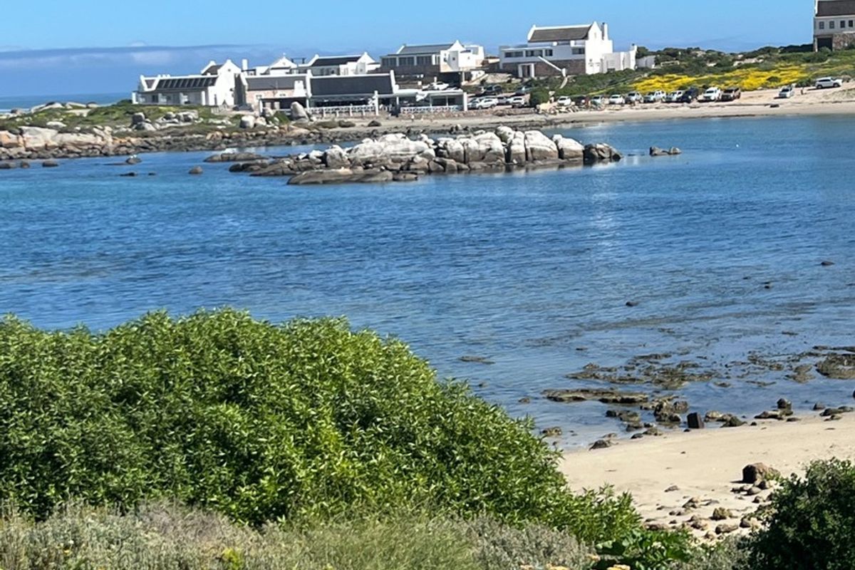 A scenic view of the coastal landscape featuring a rocky shoreline, sandy beach, and distant residential properties under a clear blue sky.