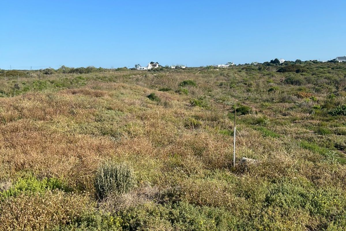 A view of a vacant residential plot featuring natural coastal vegetation and a survey marker under a clear blue sky.