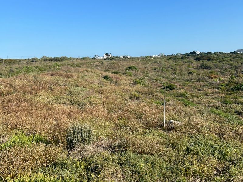 A view of a vacant residential plot featuring natural coastal vegetation and a survey marker under a clear blue sky.