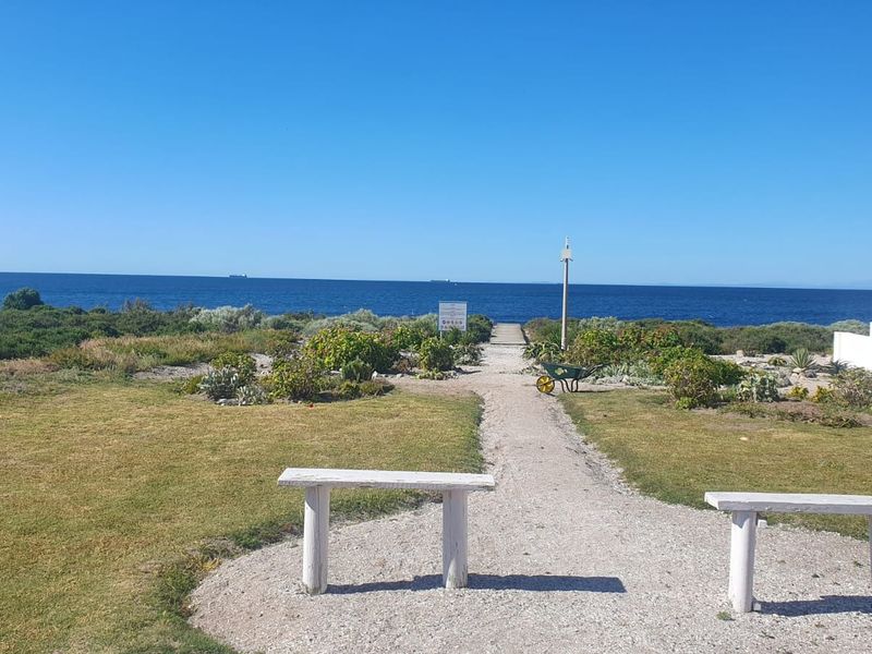 A scenic view of the coastline featuring a gravel pathway leading towards the ocean, surrounded by natural coastal vegetation and clear blue skies.