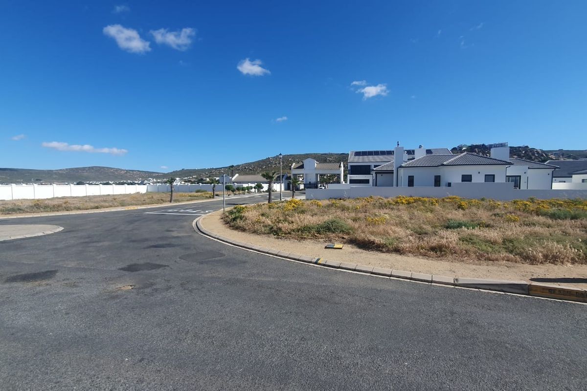 A view of the street and surrounding residential area, showcasing the paved road, curbing, and established boundary walls in a coastal estate setting.