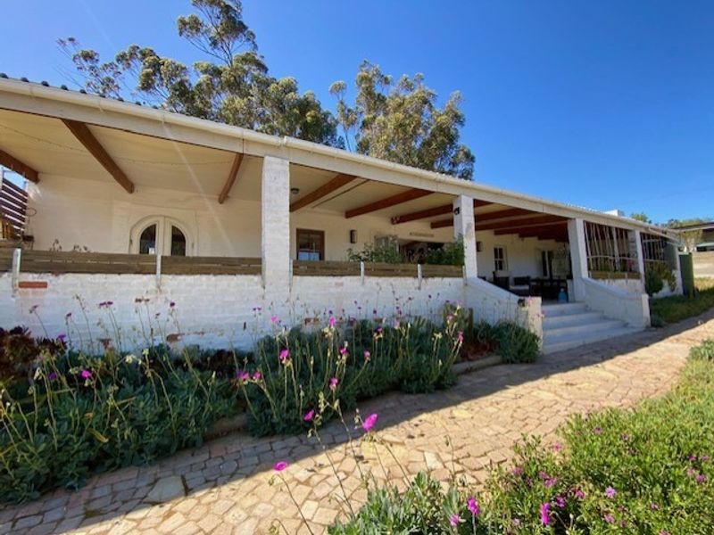 A rear view of the property featuring a covered patio area with timber beams, white brick facade, and a stone paved walkway.