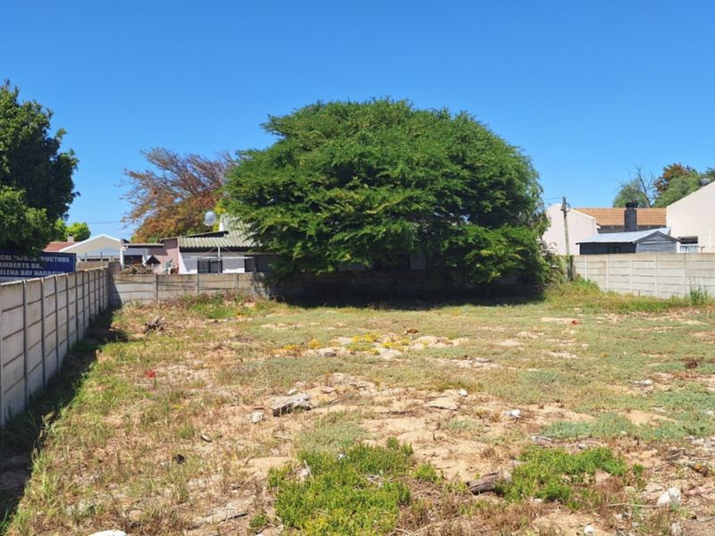 A vacant residential plot enclosed by precast concrete boundary walls, featuring natural ground cover and a mature tree.