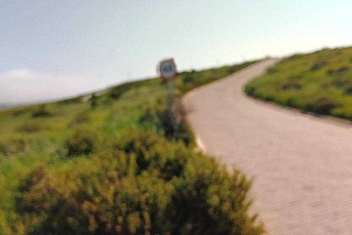 A view of a paved road winding through a grassy landscape with a traffic sign visible.