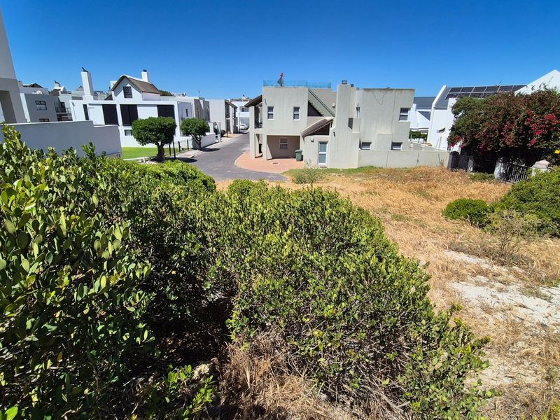 A view of a vacant residential plot featuring established shrubbery and a paved driveway leading towards neighboring properties in a residential estate.
