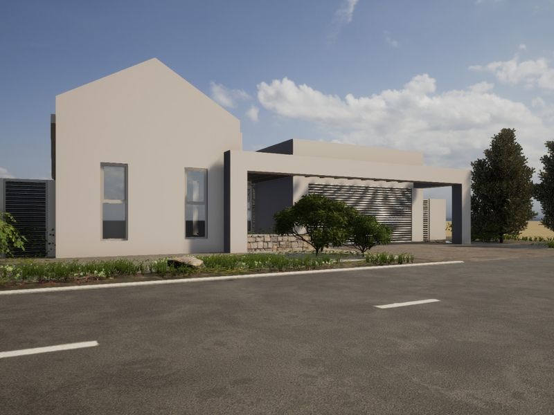 Modern architectural front elevation featuring clean lines, stone accents, and a covered entrance area with integrated metal screening.