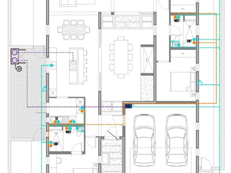 Architectural floor plan showing the layout of the house, including living areas, bedrooms, bathrooms, garage, and plumbing infrastructure.