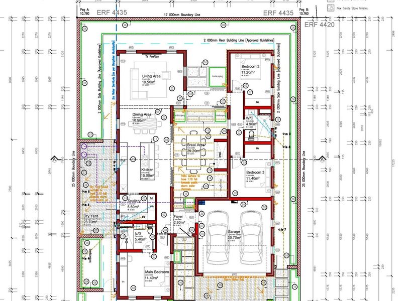 Detailed architectural floor plan showing the layout of the house, including living areas, bedrooms, kitchen, garage, and outdoor spaces.