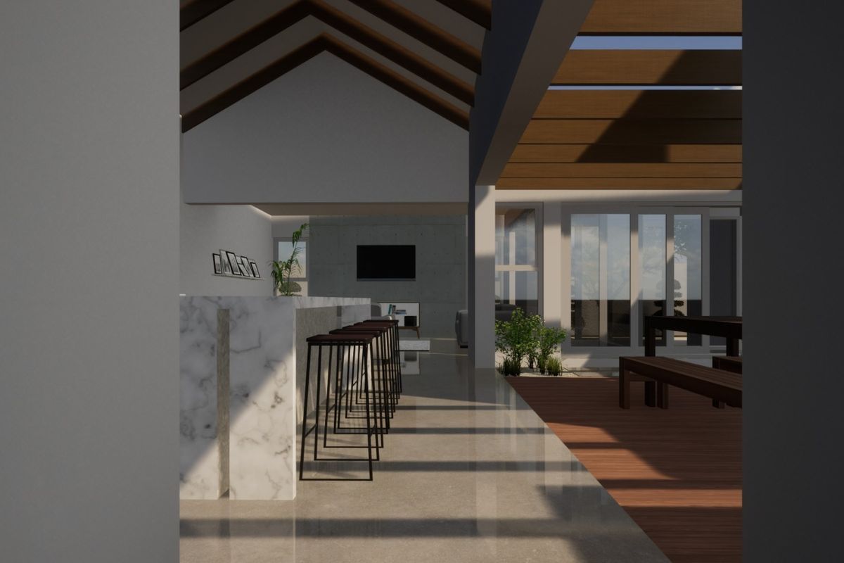 Modern open-plan living area featuring a marble island, exposed timber beams, and seamless transition to an outdoor timber deck through large glass sliding doors.