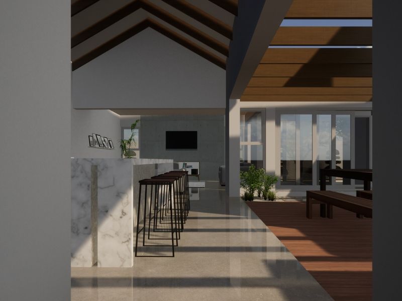Modern open-plan living area featuring a marble island, exposed timber beams, and seamless transition to an outdoor timber deck through large glass sliding doors.