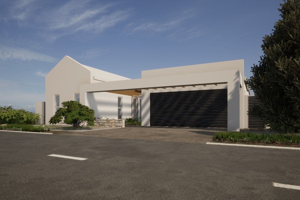 Modern architectural front elevation featuring a clean white facade, integrated garage, and stone accents, showcasing a contemporary residential design.