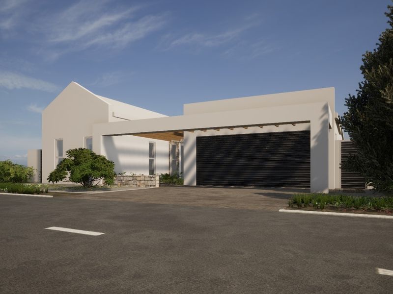 Modern architectural front elevation featuring a clean white facade, integrated garage, and stone accents, showcasing a contemporary residential design.