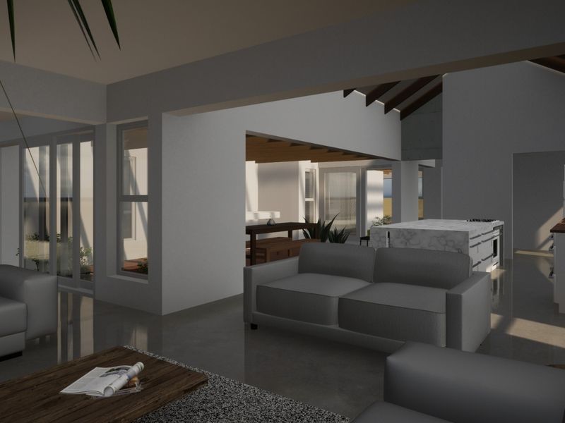 Spacious open-plan living area featuring polished concrete floors, exposed timber beams, and a modern kitchen island with integrated hob, flowing to outdoor patio spaces.
