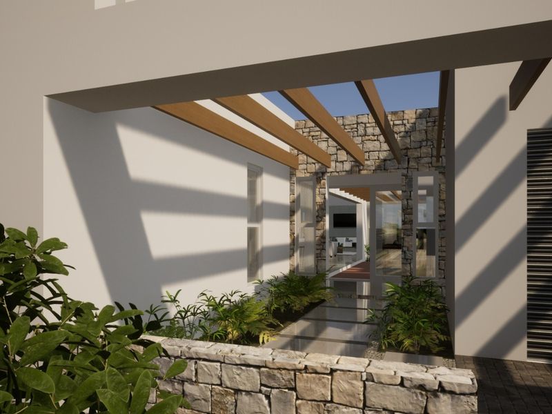 Modern entrance featuring a stone-clad facade, timber pergola, and a paved walkway leading to a glass front door.