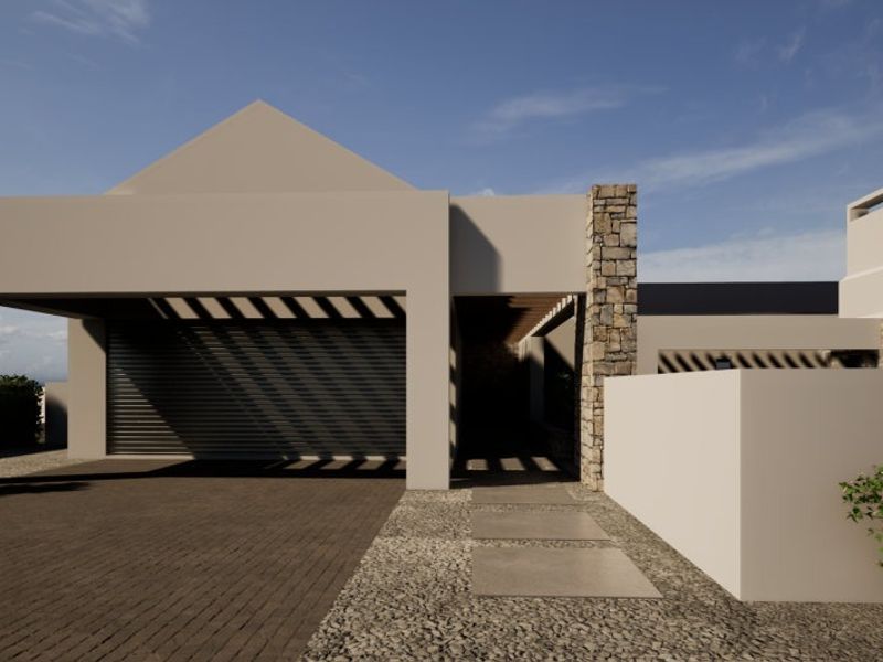 Modern architectural front elevation featuring a garage, stone-clad accents, and a paved driveway entrance.