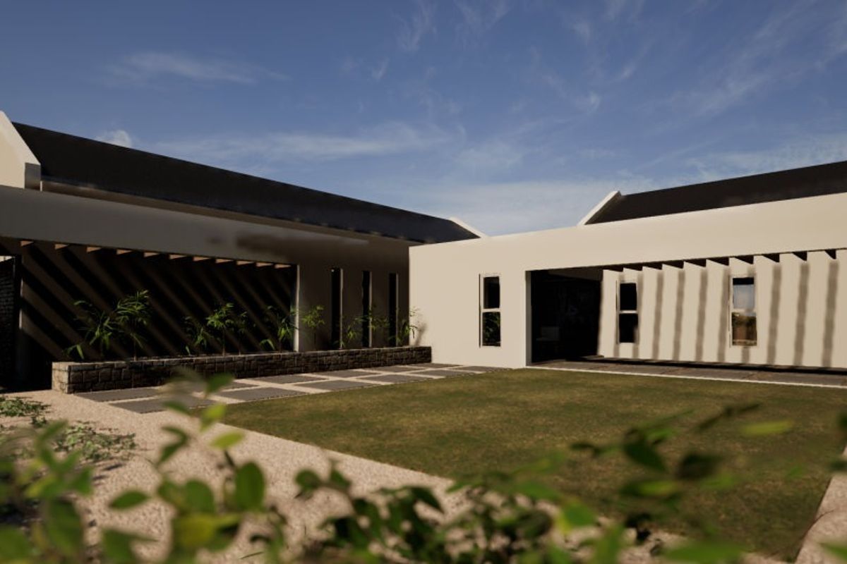 A modern rear exterior view featuring a landscaped courtyard, stone masonry accents, and a covered pergola area.