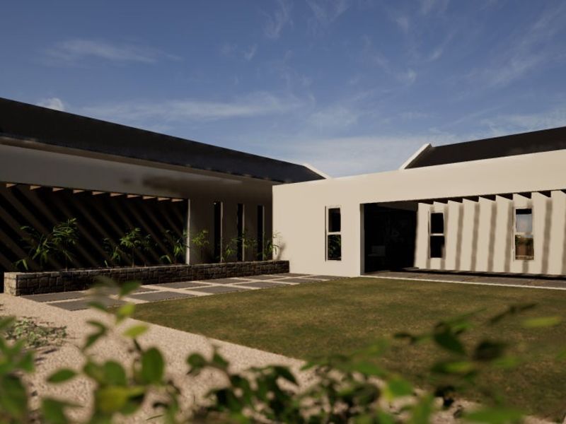 A modern rear exterior view featuring a landscaped courtyard, stone masonry accents, and a covered pergola area.