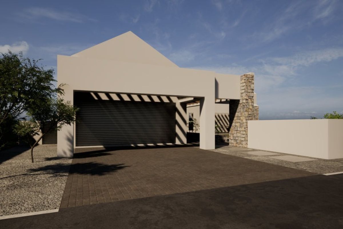 A modern residential front elevation featuring a garage, stone cladding accents, and a paved driveway.