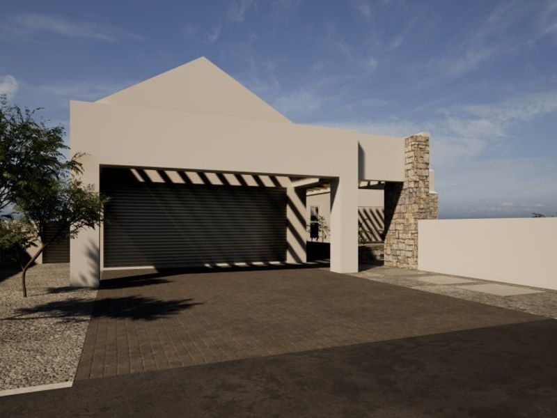 A modern residential front elevation featuring a garage, stone cladding accents, and a paved driveway.