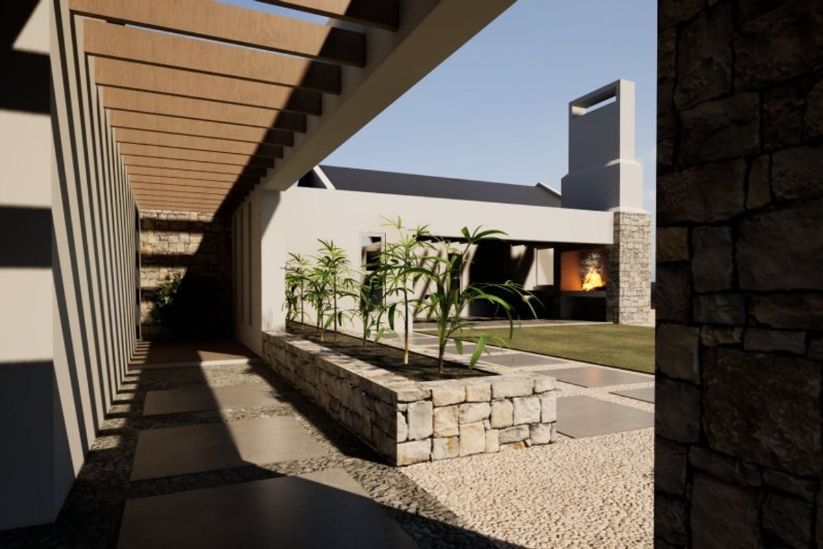A modern outdoor patio area featuring a timber pergola, stone-clad built-in fireplace, and a stone planter box, creating a sophisticated entertainment space.