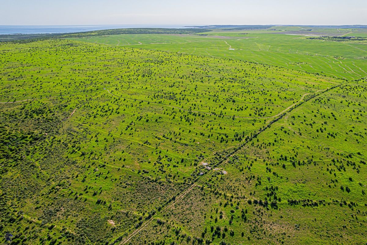An aerial view of a large, expansive plot of vacant green land with visible dirt tracks and distant coastal scenery.