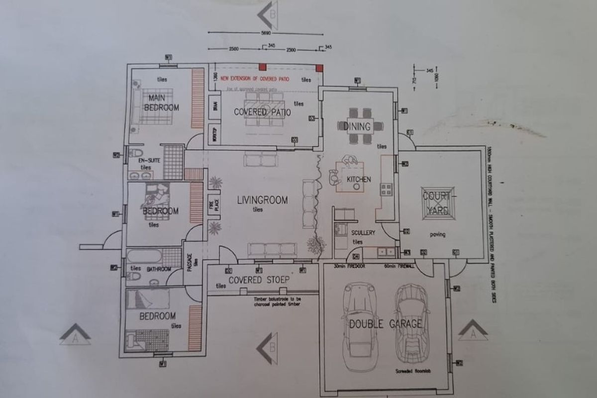 Architectural floor plan showing a three-bedroom house layout with a double garage, covered patio, scullery, and central living area.