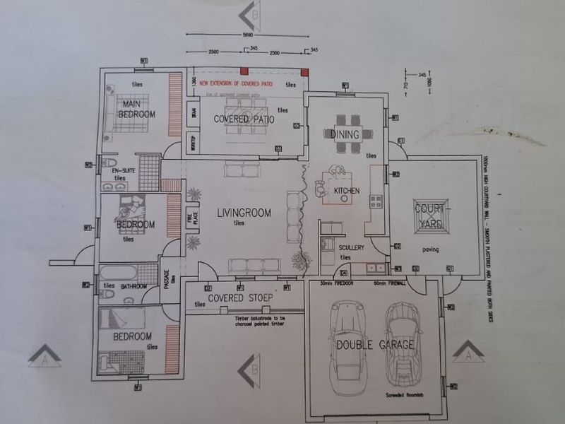 Architectural floor plan showing a three-bedroom house layout with a double garage, covered patio, scullery, and central living area.