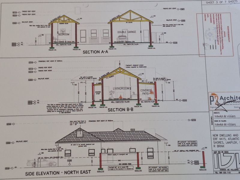 Architectural section and elevation drawings for a proposed residential dwelling, detailing structural roof trusses, foundation specifications, and exterior layout.