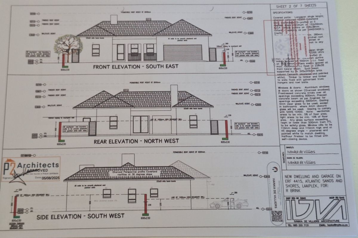 Architectural elevation drawings for a new dwelling and garage, detailing front, rear, and side views with construction specifications.