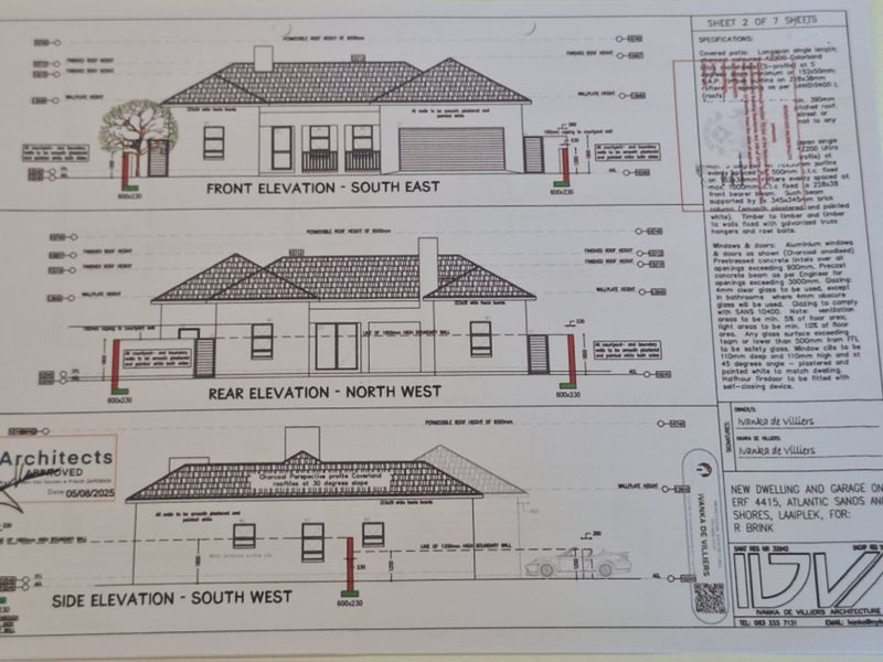 Architectural elevation drawings for a new dwelling and garage, detailing front, rear, and side views with construction specifications.