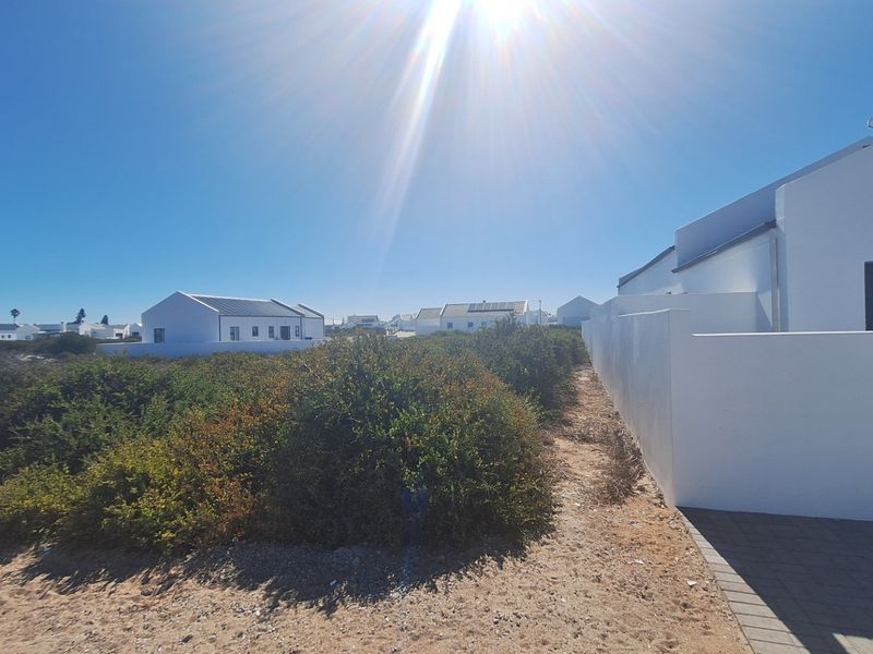 A view of the rear exterior area featuring a white boundary wall, paved walkway, and surrounding natural vegetation under a clear sky.